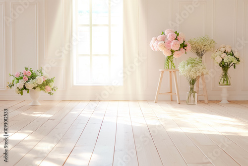 Spring flowers in various vases create a fresh and inviting atmosphere in a bright room with soft light