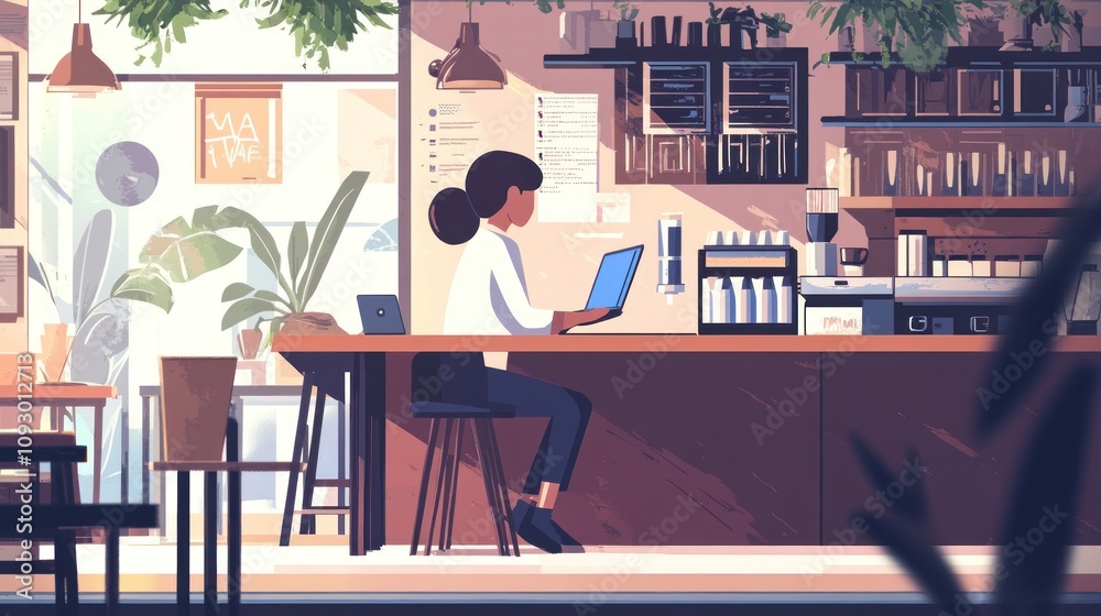 Woman Working in a Sunny Cafe: A Serene Digital Illustration Woman Working in a Sunny Cafe: A Serene Digital Illustration