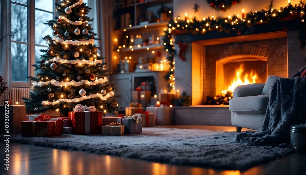 Cozy Christmas Scene with Decorated Tree, Wrapped Presents, and Crackling Fireplace Cozy Christmas Scene with Decorated Tree, Wrapped Presents, and Crackling Fireplace