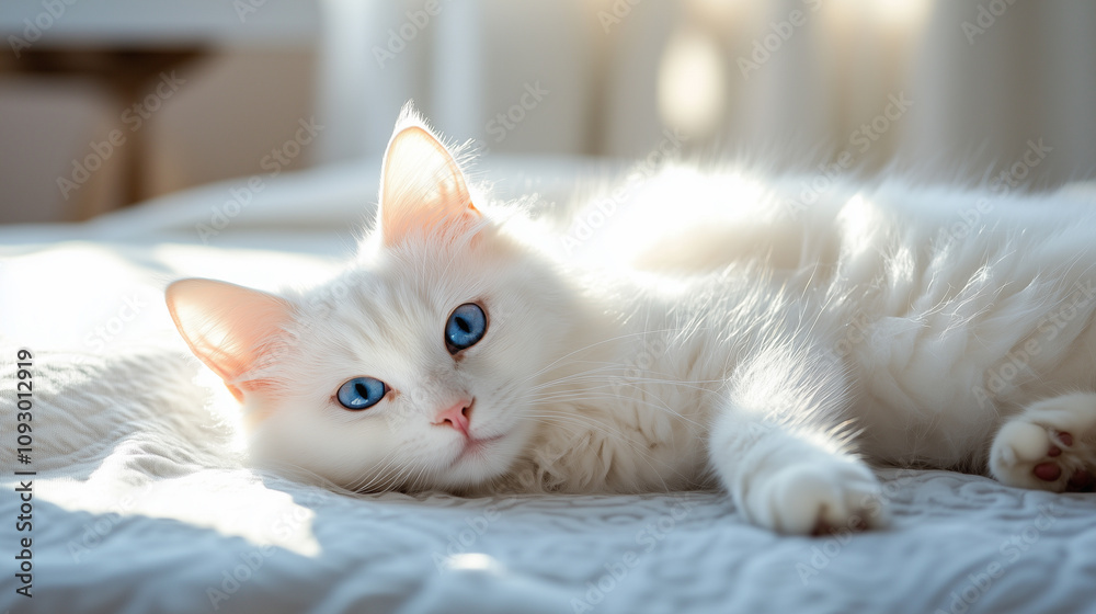 Beautiful white cat laying on a bed in sunlight Beautiful white cat laying on a bed in sunlight