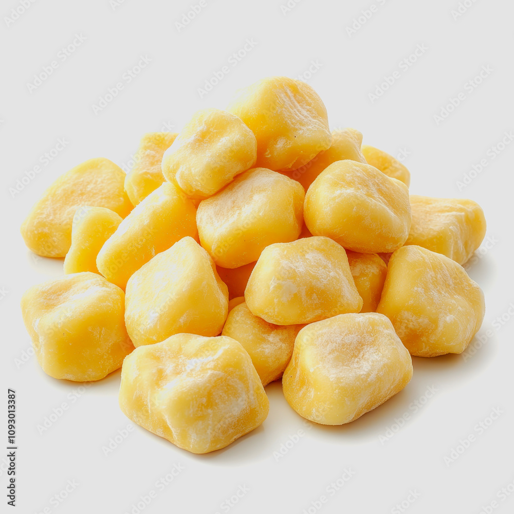 Fresh, Chewy, Yellow Gnocchi on a White Background Ready for Cooking, Perfect for Italian Cuisine and Delicious Homemade Meals or Creative Food Photography Fresh, Chewy, Yellow Gnocchi on a White Background Ready for Cooking, Perfect for Italian Cuisine and Delicious Homemade Meals or Creative Food Photography