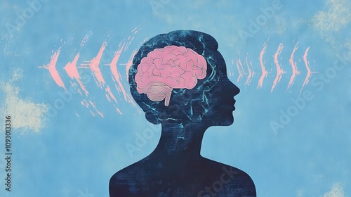 Silhouette of a Head with Brain and Sound Waves Against a Blue Background. AI generated illustration