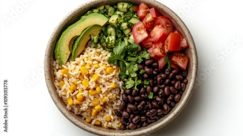 A vibrant bowl of rice, black beans, avocado, tomatoes, and cucumber.