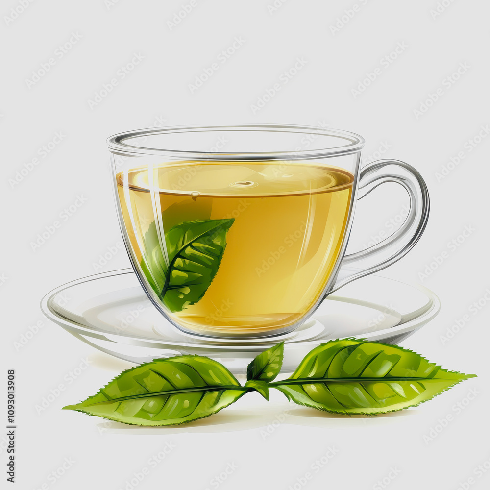 Fresh Green Tea in a Clear Cup with Leaves on the Saucer, Surrounded by Nature, Perfect for Relaxation and Wellness Themes Fresh Green Tea in a Clear Cup with Leaves on the Saucer, Surrounded by Nature, Perfect for Relaxation and Wellness Themes