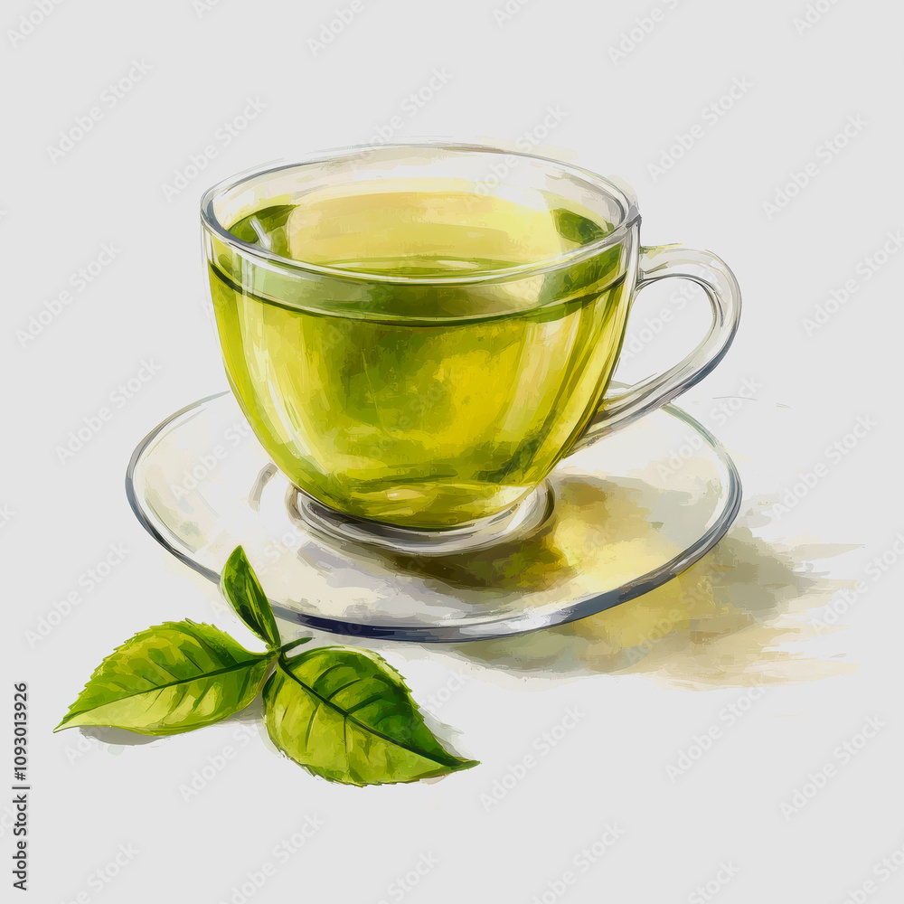 Refreshing Green Tea in a Clear Glass Cup with Green Tea Leaves on a White Surface, Capturing the Essence of Wellness and Natural Refreshment Benefits
