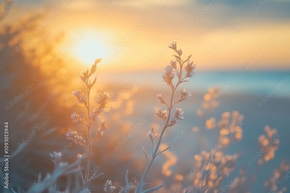 Sunset at the Beach with Blooming Sagebrush Flowers and Dunes Overlooking the California Coast. AI generated illustration Sunset at the Beach with Blooming Sagebrush Flowers and Dunes Overlooking the California Coast. AI generated illustration