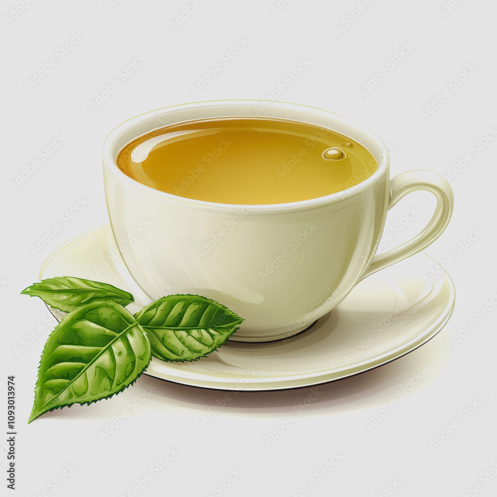 Freshly Brewed Herbal Tea in White Cup with Green Leaves on Saucer, Perfect for Relaxation and Wellness, Warm Beverage for Cozy Moments and Invigoration