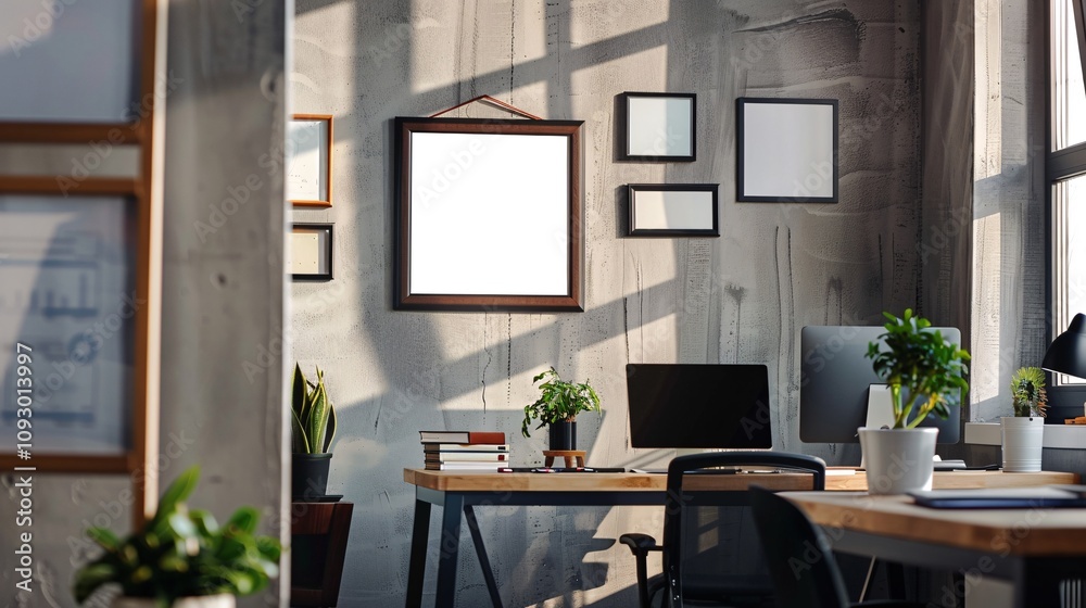 Cozy and modern home office workspace with laptop decorative frames potted plants and other personal touches for a productive and inspired working environment Cozy and modern home office workspace with laptop decorative frames potted plants and other personal touches for a productive and inspired working environment