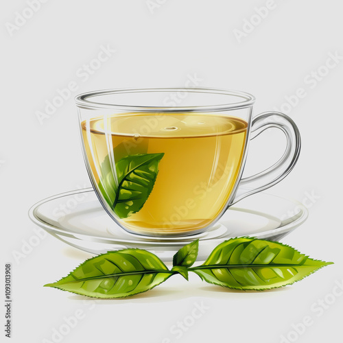 Fresh Green Tea in a Clear Cup with Leaves on the Saucer, Surrounded by Nature, Perfect for Relaxation and Wellness Themes