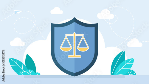 Lawyer services. Big protective shield with scale icon. Law and justice concept. Legal advice. Court of justice building. Jurisprudence. Legal balance emblem. Scale of justice. Vector illustration
