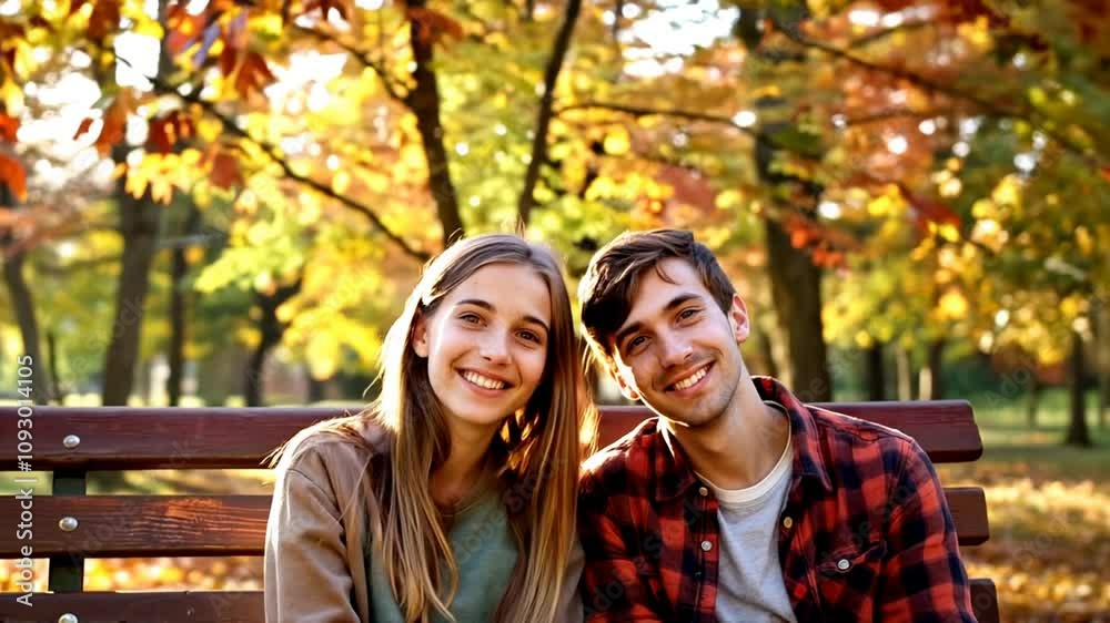 teenagers couple sitting in a wooden bench in a park in autumn time 