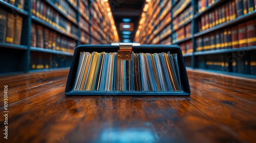 Vintage Card Catalog in Library with Rows of Bookshelves Filled with Colorful Reference Cards, Evoking Nostalgia and Traditional Research Practices photo