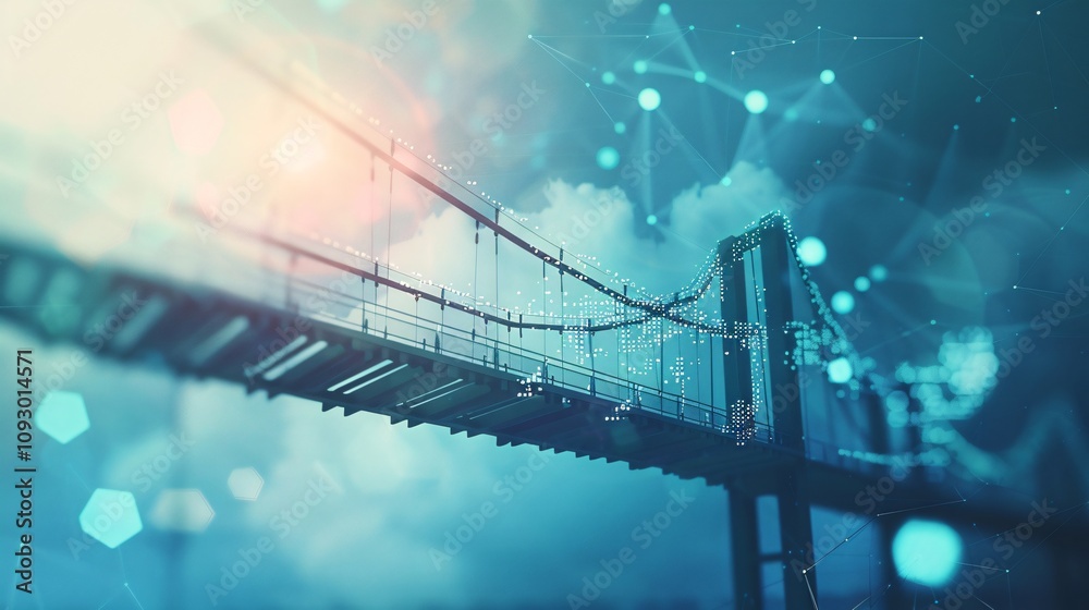 Fototapeta premium Mysterious and ethereal fog shrouded suspension bridge spanning over a tranquil river landscape