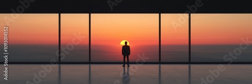 A 3D scene of a professional gazing at a sunrise from a skyscraper office, symbolizing visionary leadership and a focused mindset