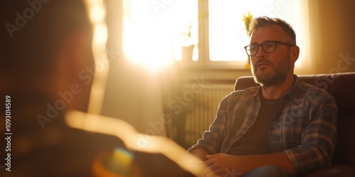 A contemplative man in glasses is engaged in a serious discussion, illuminated by soft sunlight, reflecting the warmth of conversation and deep thought.