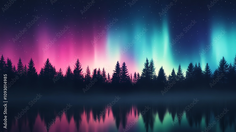 Fototapeta premium Vibrant aurora over serene pine forest.