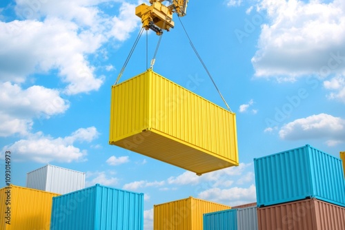 Yellow shipping container being lifted by a crane.