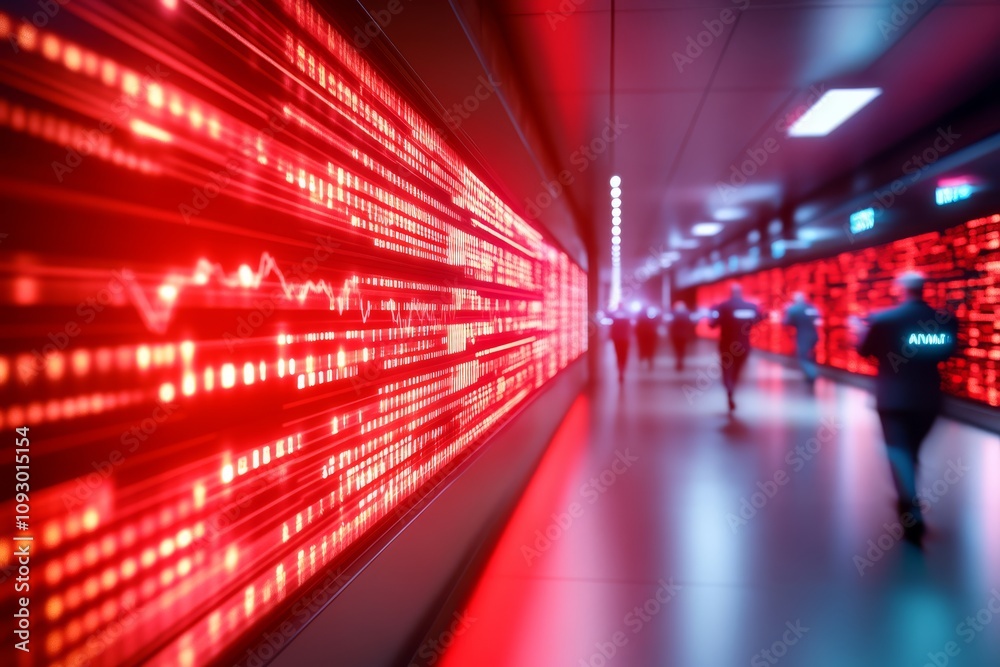 A futuristic corridor illuminated by red lights, with figures walking past digital displays, creating a tech-inspired atmosphere. A futuristic corridor illuminated by red lights, with figures walking past digital displays, creating a tech-inspired atmosphere.