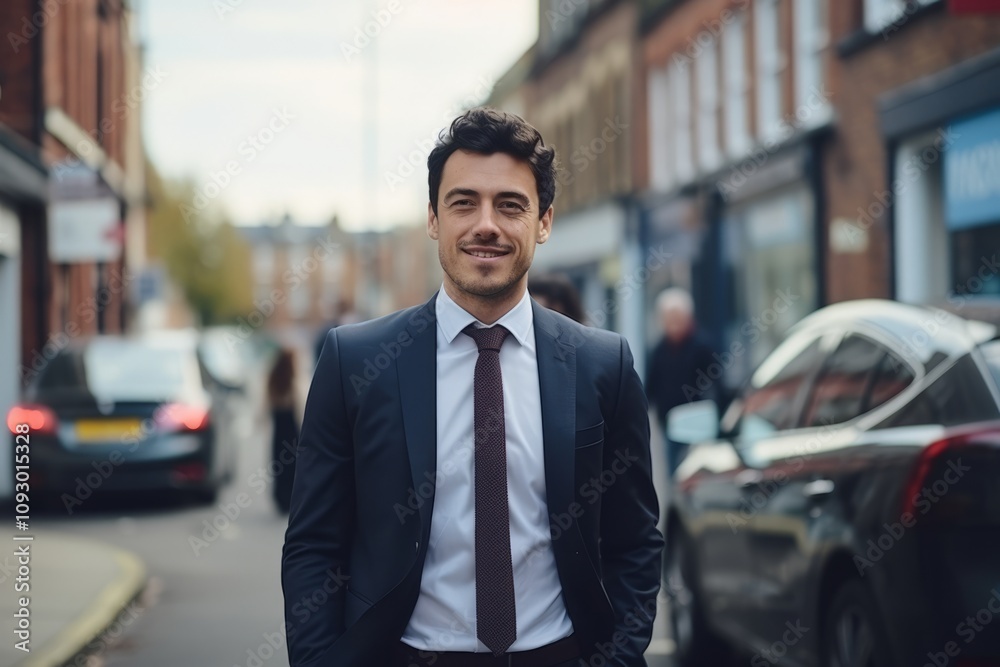 Portrait of a handsome young businessman standing in a street and looking at the camera Portrait of a handsome young businessman standing in a street and looking at the camera