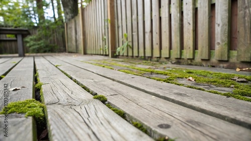 Wooden slat background with a hint of moss, natural texture, wooden plank, lichen pattern, moss growth, rustic decoration