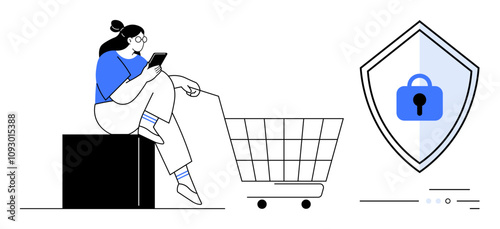 Woman using smartphone beside shopping cart and padlock shield, representing secure online shopping. Ideal for e-commerce, online security, digital transactions, consumer behavior, tech advancements