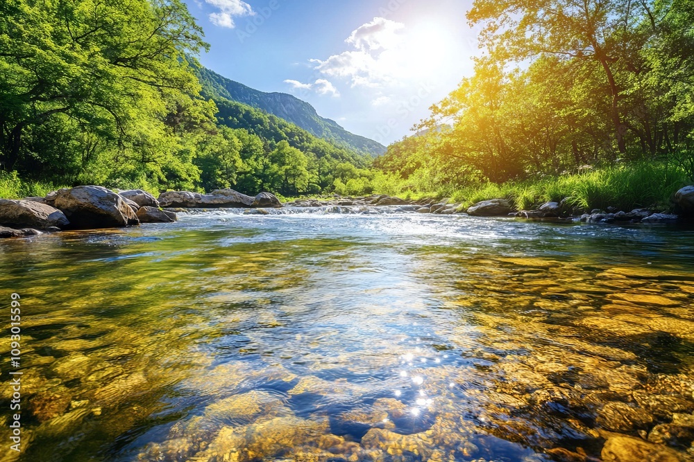 Beautiful Mountain River in the Japanese Alps with Clear Water and Green Trees. AI generated illustration Beautiful Mountain River in the Japanese Alps with Clear Water and Green Trees. AI generated illustration