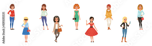 Retro Stylish Young Woman Dressed in Trendy Clothes Vector Set