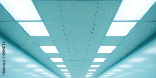 Ceiling of production room with panel lighting, rows of industrial ceiling luminaires, lighting