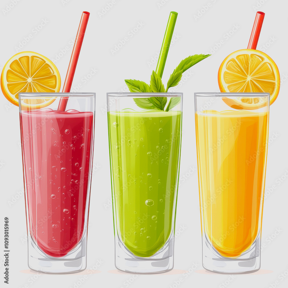 Refreshing Summer Beverages in Colorful Glasses with Straws and Fruit Garnishes for a Vibrant and Inviting Beverage Display Refreshing Summer Beverages in Colorful Glasses with Straws and Fruit Garnishes for a Vibrant and Inviting Beverage Display