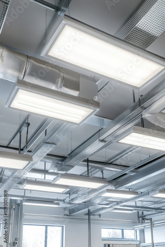 Ceiling of production room with panel lighting, rows of industrial ceiling luminaires, lighting