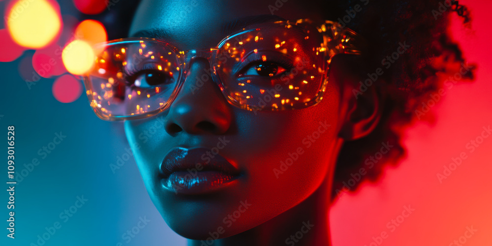 A portrait of a model wearing vibrant glowing glasses against a colorful backdrop in a stylish studio setting at night A portrait of a model wearing vibrant glowing glasses against a colorful backdrop in a stylish studio setting at night