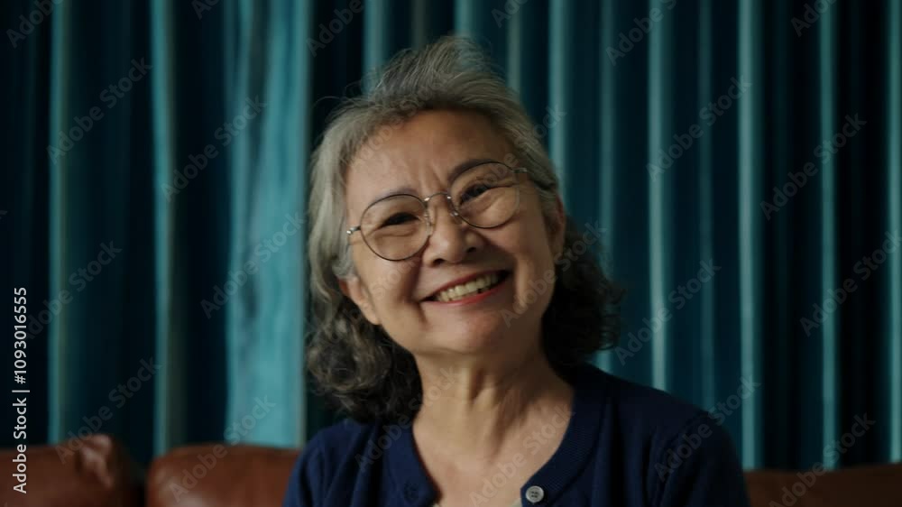 Locked shot, close-up portrait on face of smiling Asian senior woman in glasses, seated in front of blue curtain, expressing warmth and positivity. Turn her face to looking at camera and toothy smile Locked shot, close-up portrait on face of smiling Asian senior woman in glasses, seated in front of blue curtain, expressing warmth and positivity. Turn her face to looking at camera and toothy smile