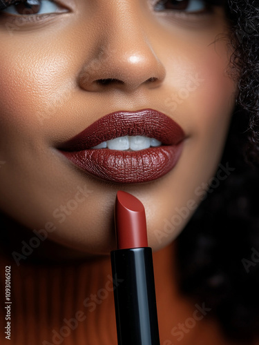 Close-up view of a person applying luxurious lipstick that complements their skin tone, highlighting the richness and vibrancy of the chosen shade