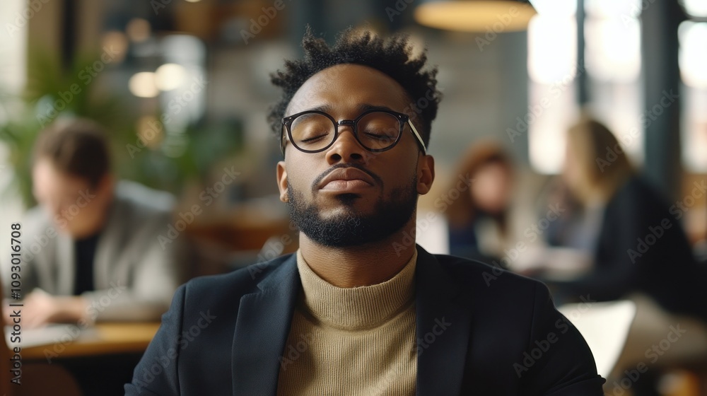 A man in a blazer and glasses meditates in a busy café, focusing on mindfulness. A man in a blazer and glasses meditates in a busy café, focusing on mindfulness.