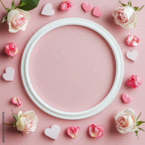 Floral arrangement with empty frame and romantic decorations for celebration or event planning