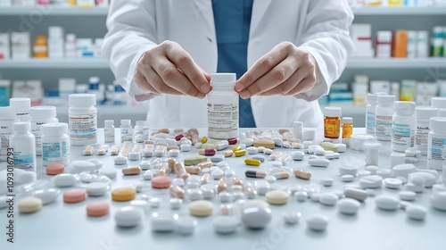 Pharmacist s hands deftly filling a prescription bottle with a variety of pills tablets and capsules tailoring the medication to the specific requirements of the individual patient photo