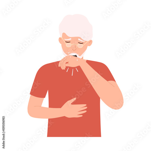 Old man with colds. Sick with chronic cough. Spread bacteria virus. Symptoms throat with phlegm. Flat vector illustration