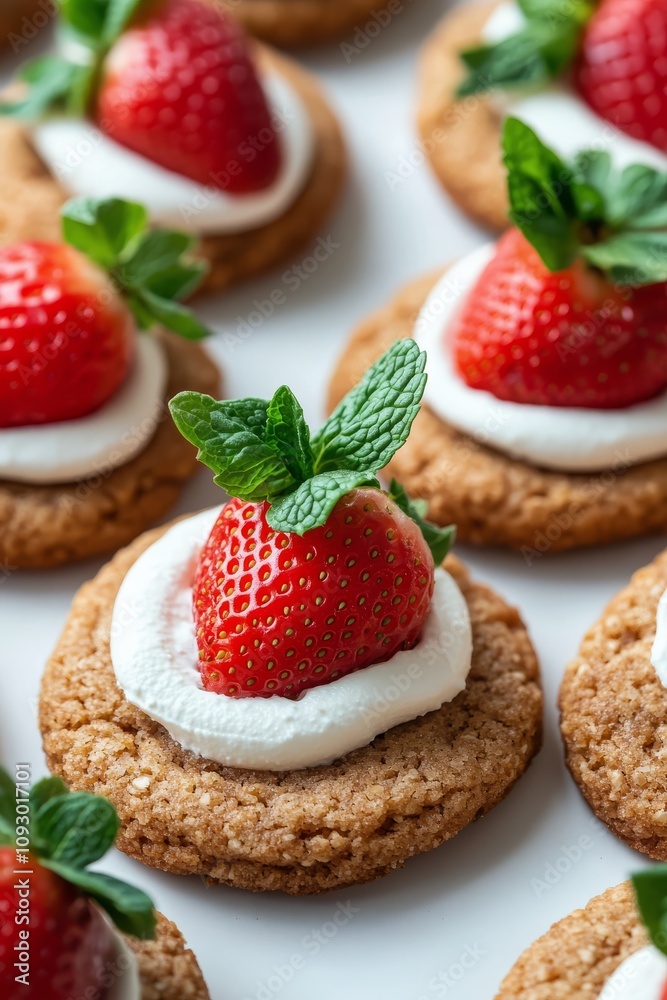 Delicious strawberry topped cookies with creamy frosting and fresh mint leaves at a dessert table