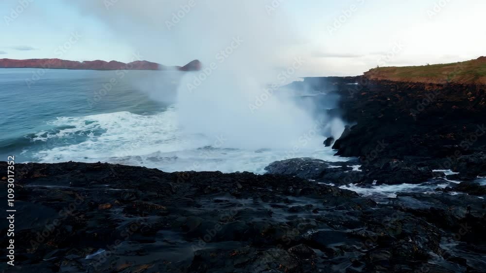 Surf crashing against volcanic rock coastline with dramatic ocean spray at sunset Surf crashing against volcanic rock coastline with dramatic ocean spray at sunset