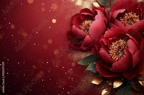 peony flowers on dark red background with golden glitter photo