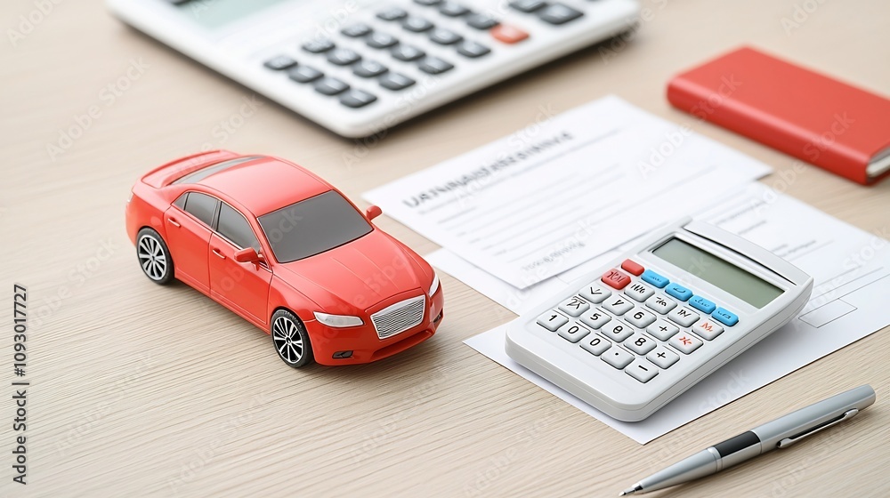 Miniature toy car model placed next to car insurance documents calculator and pen on a wooden office desk focusing on vehicle ownership and financial planning Miniature toy car model placed next to car insurance documents calculator and pen on a wooden office desk focusing on vehicle ownership and financial planning