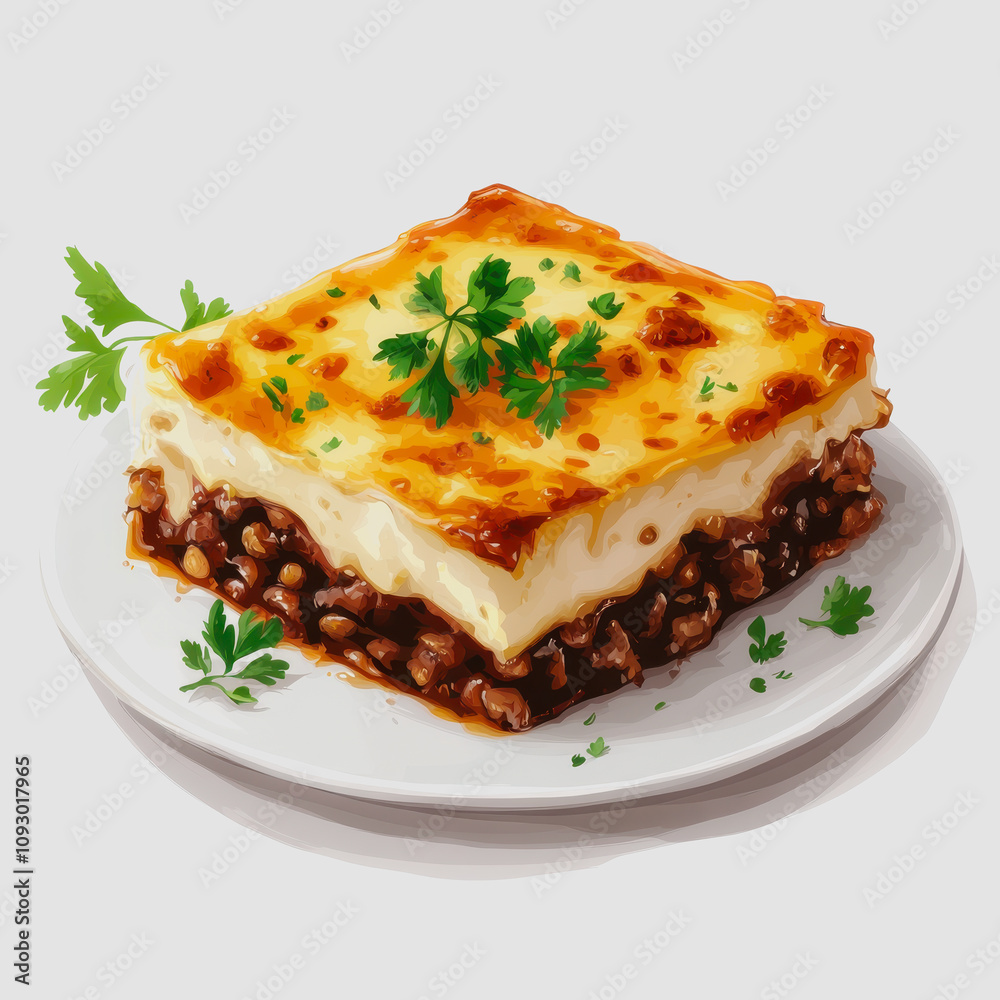Delicious Layered Lasagna Dish with Cheese, Meat, and Herb Garnish Served on a White Plate, Perfect for Italian Cuisine Lovers and Food Enthusiasts Delicious Layered Lasagna Dish with Cheese, Meat, and Herb Garnish Served on a White Plate, Perfect for Italian Cuisine Lovers and Food Enthusiasts
