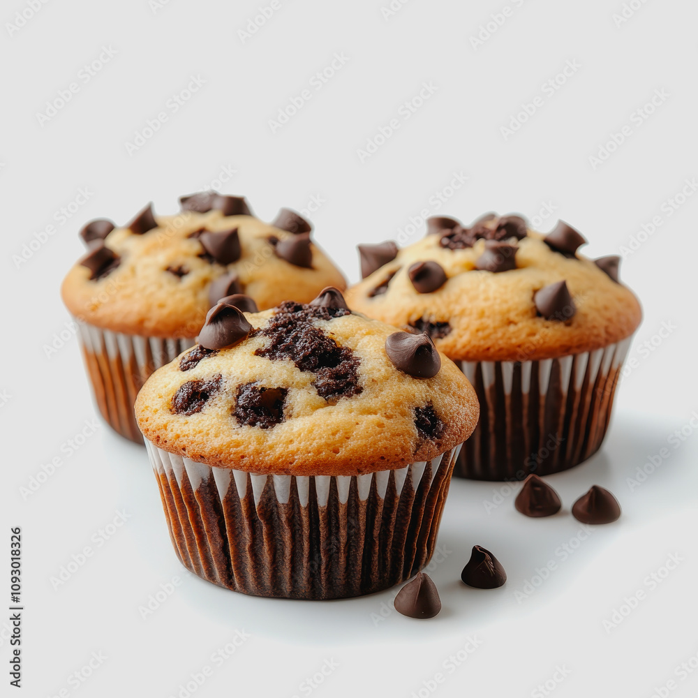 Freshly Baked Chocolate Chip Muffins Displayed on a Light Surface with Dark Chocolate Chips on Top, Perfect for Dessert Lovers and Baking Enthusiasts Freshly Baked Chocolate Chip Muffins Displayed on a Light Surface with Dark Chocolate Chips on Top, Perfect for Dessert Lovers and Baking Enthusiasts
