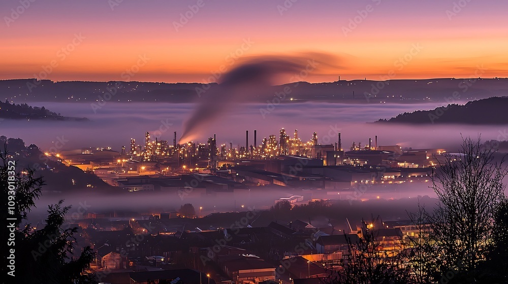 Fototapeta premium Dramatic industrial landscape with a steaming oil refinery silhouetted against a warm glowing sunrise or sunset sky The urban skyline and factory plant are illuminated by the atmospheric lighting
