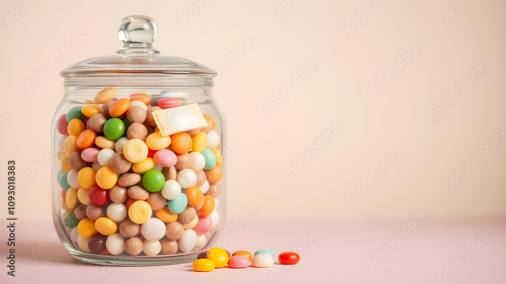 A retro candy jar filled with colorful sweets, set against a pastel background. Generative AI A retro candy jar filled with colorful sweets, set against a pastel background. Generative AI