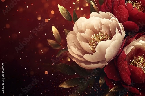 peony flowers on dark red background with golden glitter photo