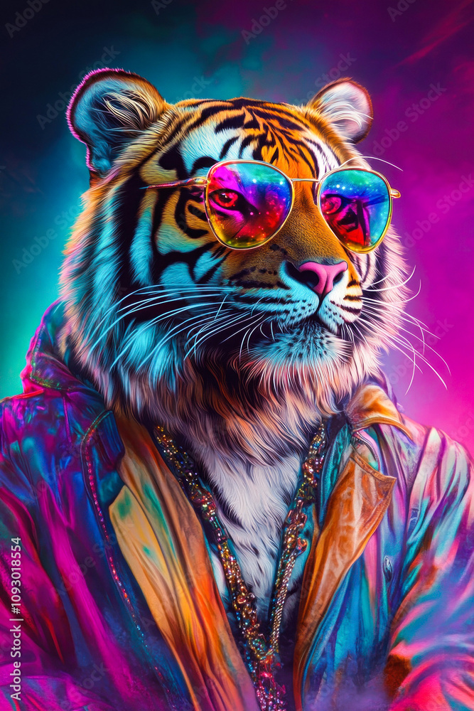 Tiger in bold jacket with stylish shades, modern flair Tiger in bold jacket with stylish shades, modern flair