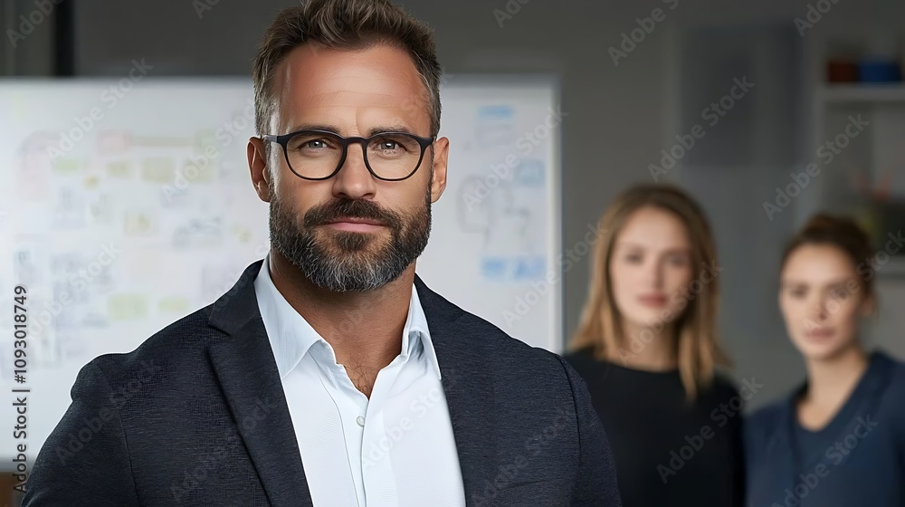 A corporate manager stands in front of a whiteboard, giving instructions to a group of employees, while in the foreground, one employee’s face shows visible signs of frustration and burnout. 
