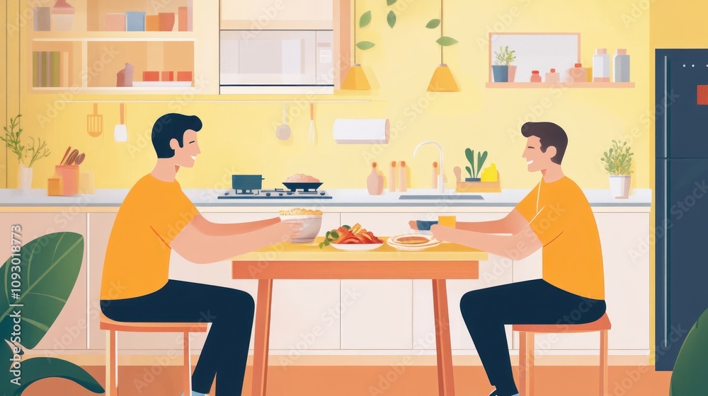 Joyful Kitchen Companions: A Delightful Morning Meal Shared by Two Friends