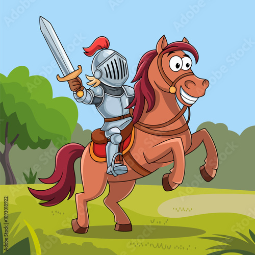 Cartoon knight on a horse holding a sword, ready for battle.